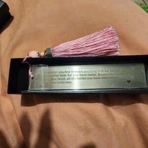metal bookmark with pink tassel comes new in giftbox ready to gift!